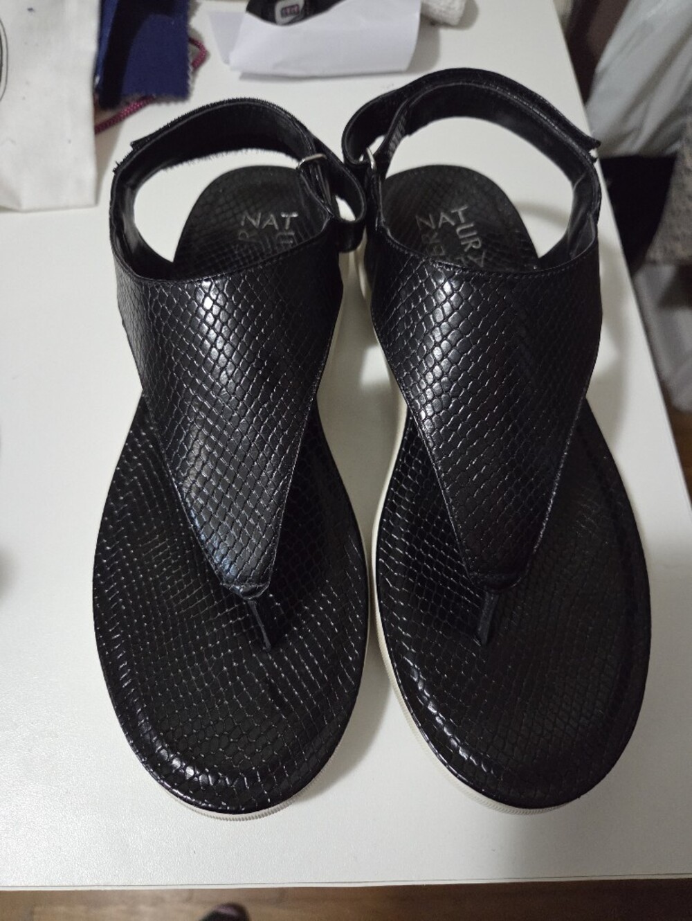 Naturalizer Meghan Black Textured Thong Sandals with Ankle Strap